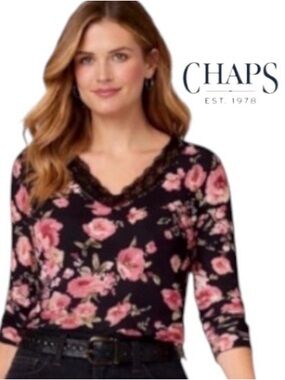 CHAPS 3X Rose Pattern 100% Cotton Knit Sweater with Embellished Neckline🌸